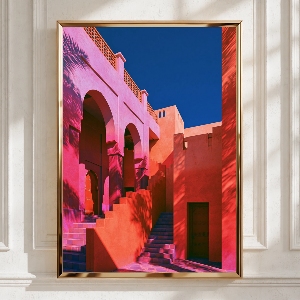 Moroccan Patio Architecture Poster, Pink Terracotta Arches, Bold Colour Print