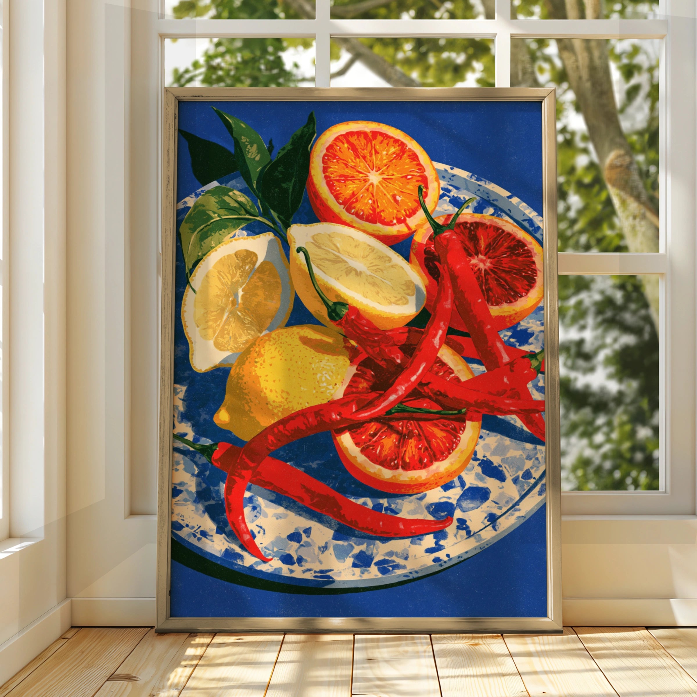 Chillies Lemon Blood Orange Still Life Poster, Bold Cobalt Blue Kitchen Art
