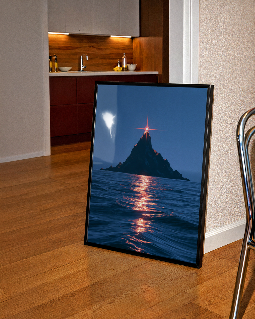 Island Star Sea Poster, Rocky Peak Ocean Night Print, Cinematic Seascape Art
