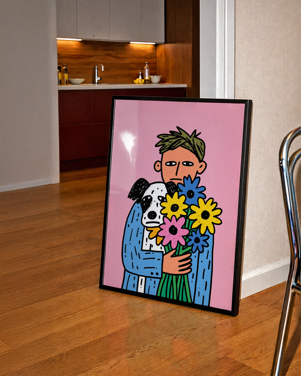 Man Dog Flowers Poster, Bold Illustration, Colourful Pink Wall Art Print