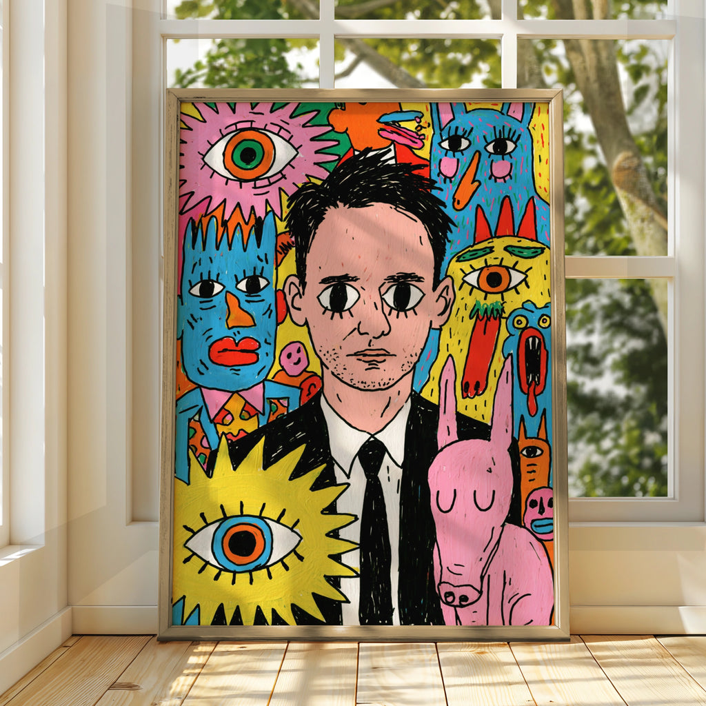 Psychedelic Portrait Drawing Poster, Surreal Monsters, Bold Colourful Wall Art