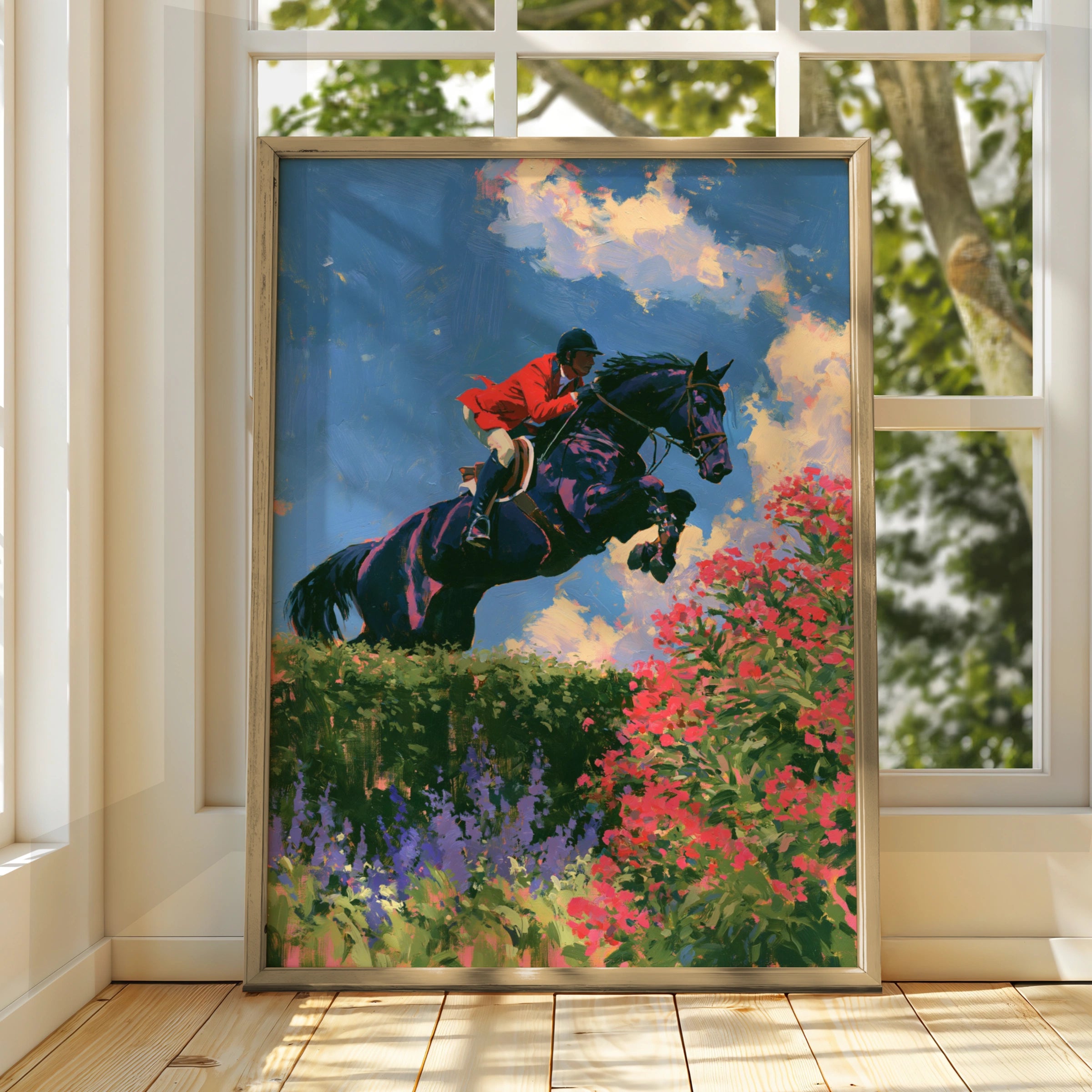 Horse Rider Leaping, Equestrian Show Jumping Poster, Oil Painting Style