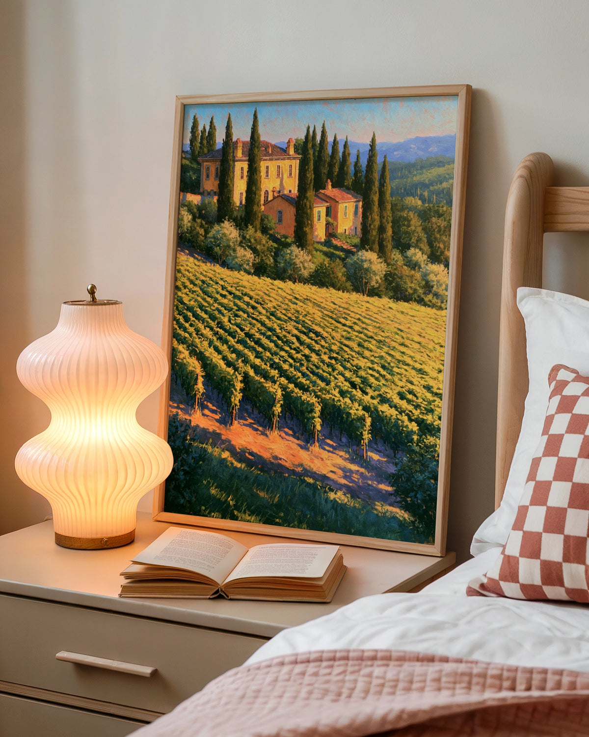Tuscany Vineyard Poster, Italian Cypress Villa, Oil Painting Style Wall Art
