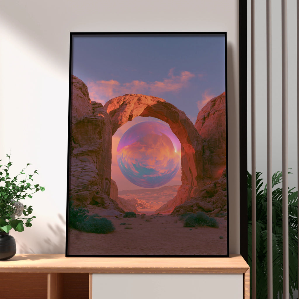Desert Canyon Arch Surreal Sphere Poster, Iridescent Art Print, Dreamy