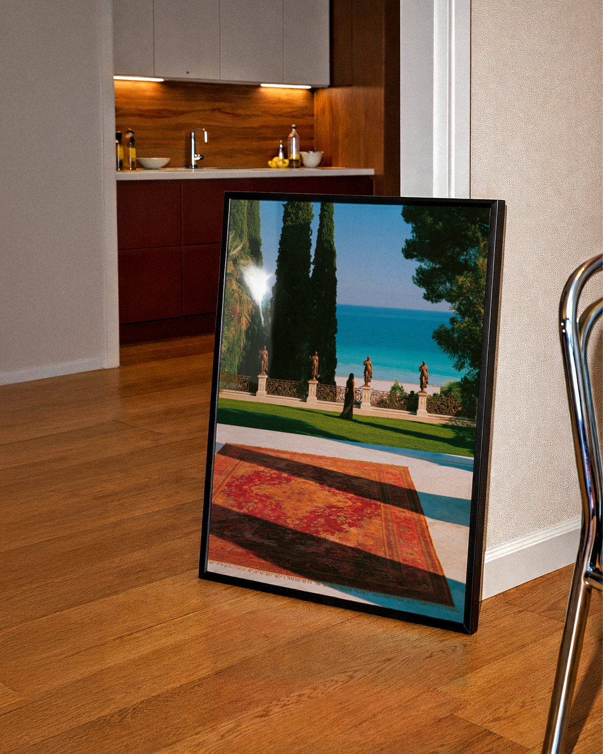 Italian Villa Statues Woman Ocean View Poster, Mediterranean Wall Art Print