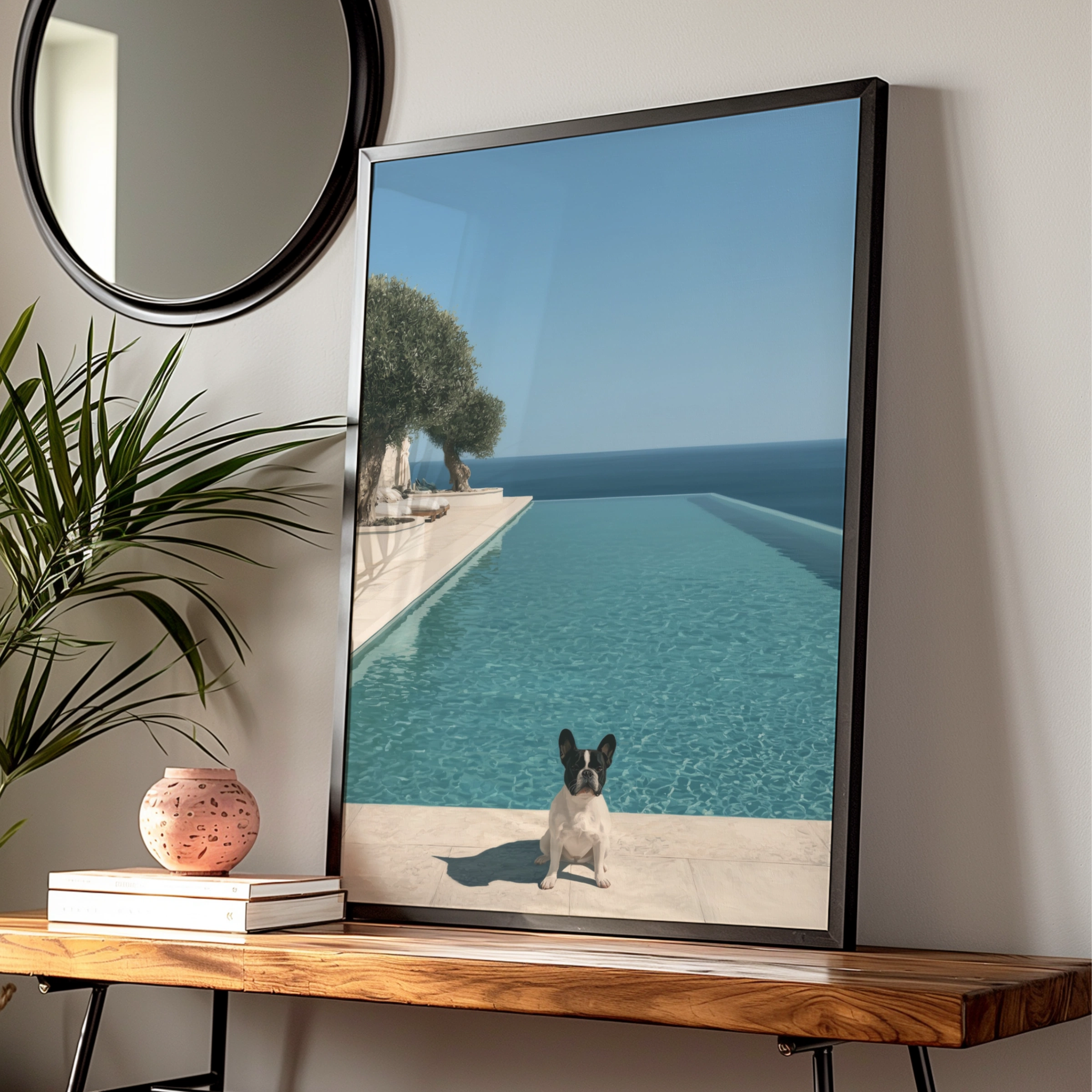 French Bulldog Infinity Pool Poster, Mediterranean Olive Tree, Luxury Wall Art