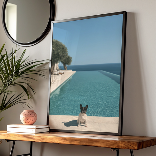 French Bulldog Infinity Pool Poster, Mediterranean Olive Tree, Luxury Wall Art