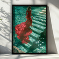 Woman Red Dress Water Steps Poster, Figurative Wall Art, Teal Oil Painting Print