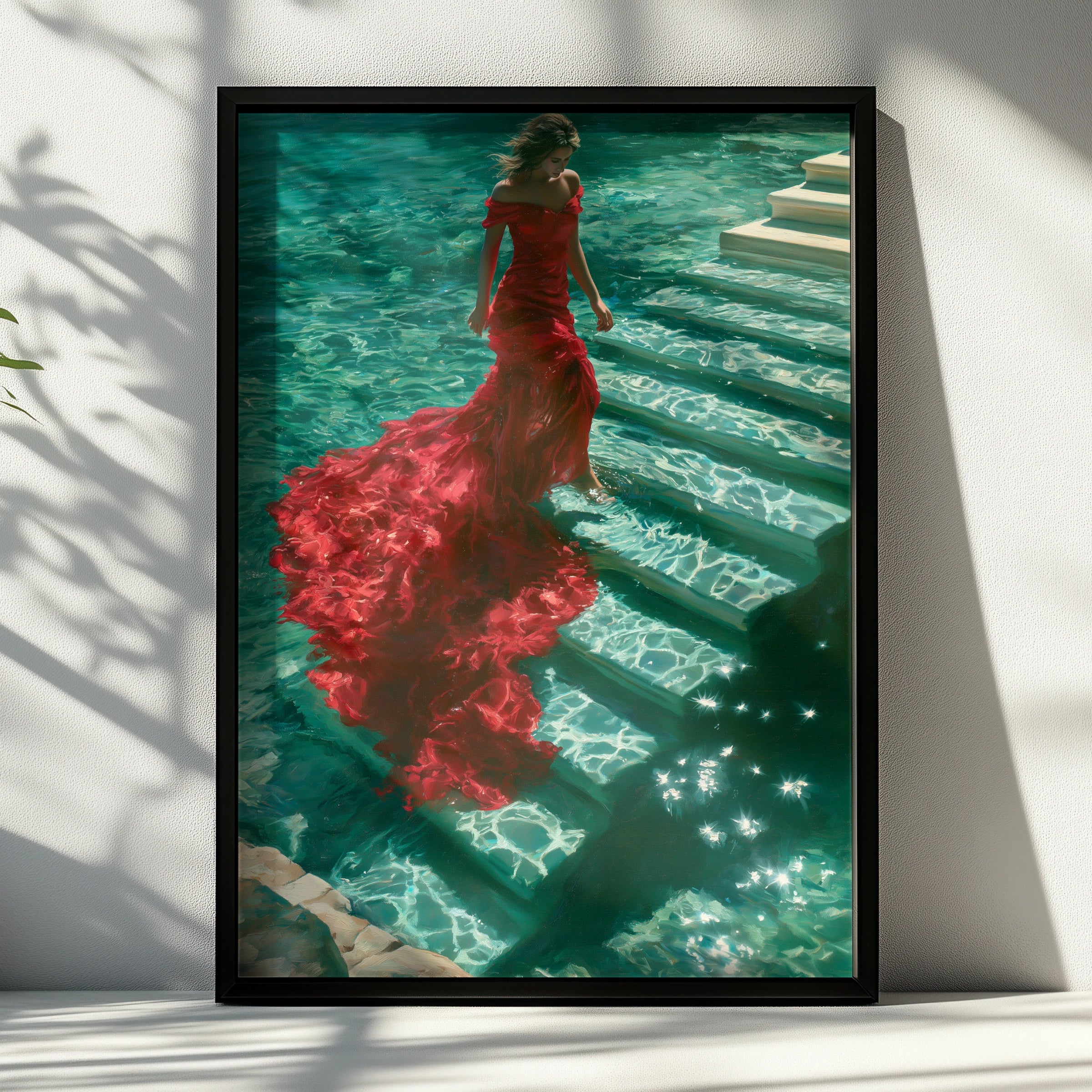 Woman Red Dress Water Steps Poster, Figurative Wall Art, Teal Oil Painting Print