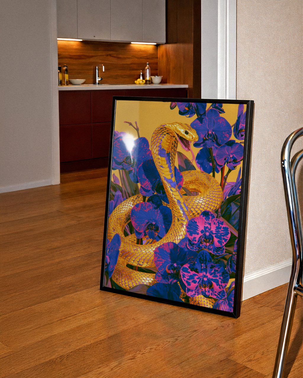 Gold Cobra Snake Orchid Flowers Poster, Bold Purple Yellow Wall Art Print