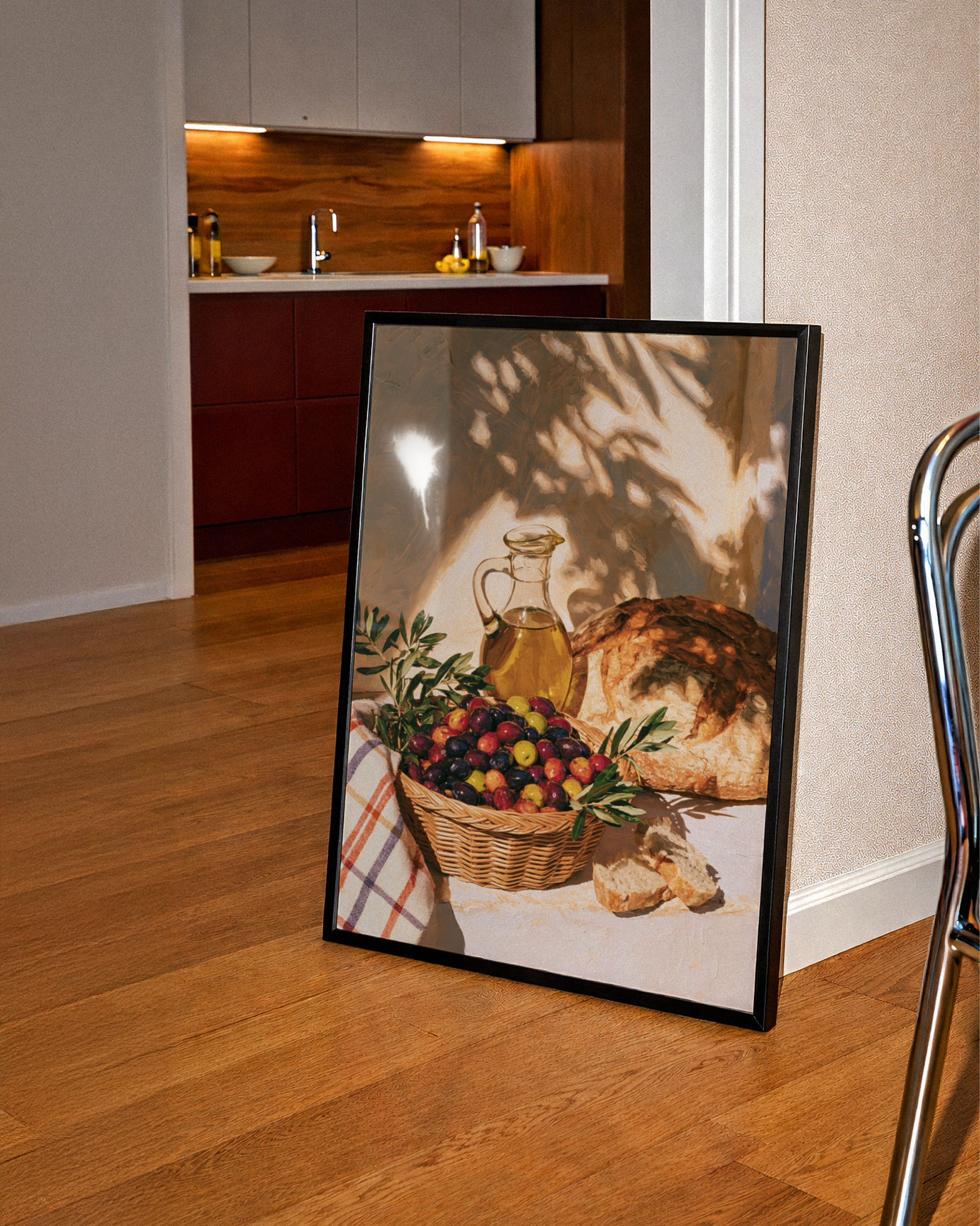 Olives Bread Olive Oil Still Life Poster, Mediterranean Kitchen Wall Art, Sun-Drenched Oil Painting Print