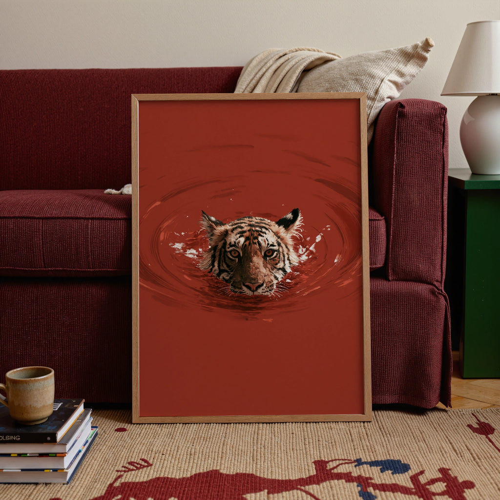 Tiger Swimming in Red Water Poster, Bold Wildlife Wall Art, Dramatic Animal Print