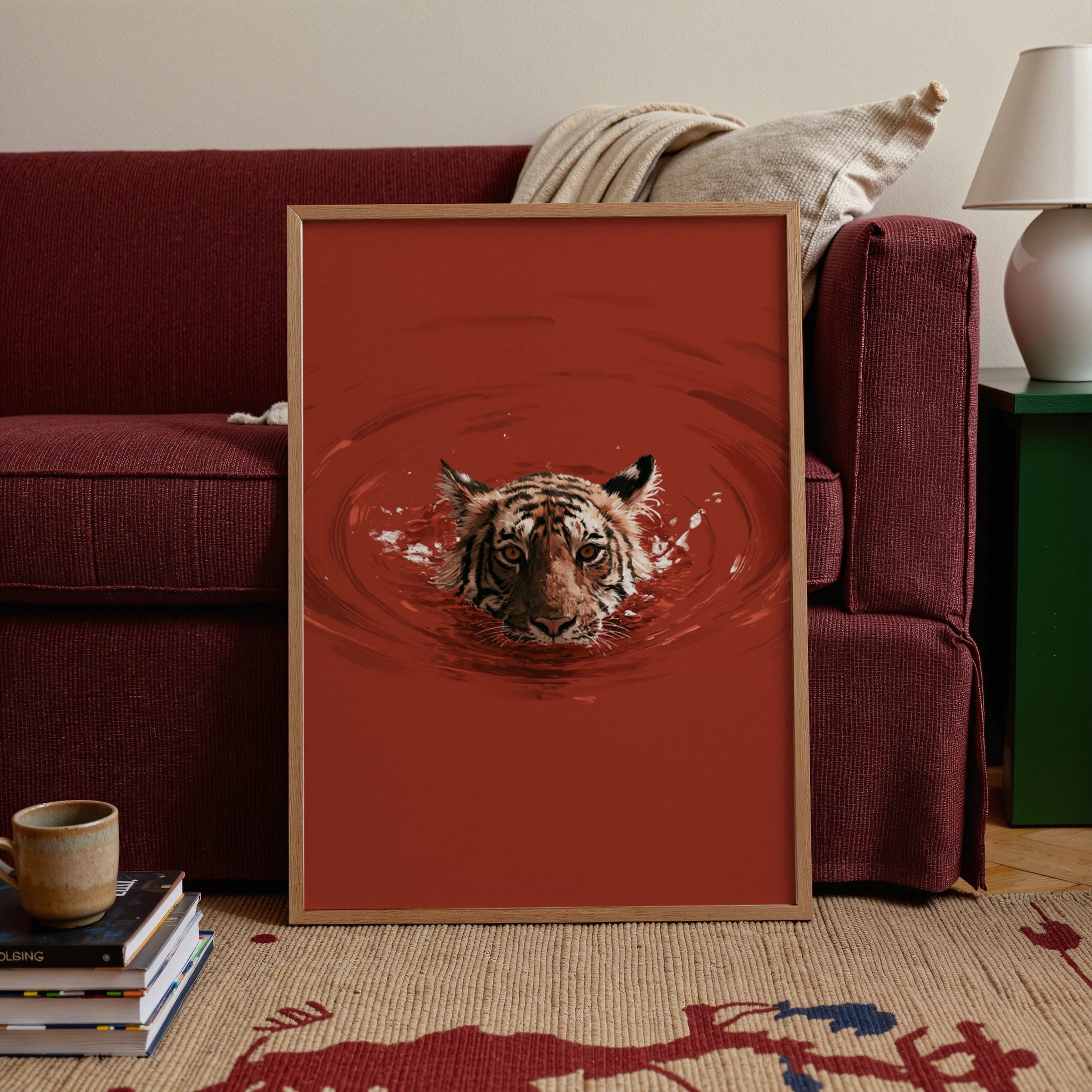 Tiger Swimming in Red Water Poster, Bold Wildlife Wall Art, Dramatic Animal Print