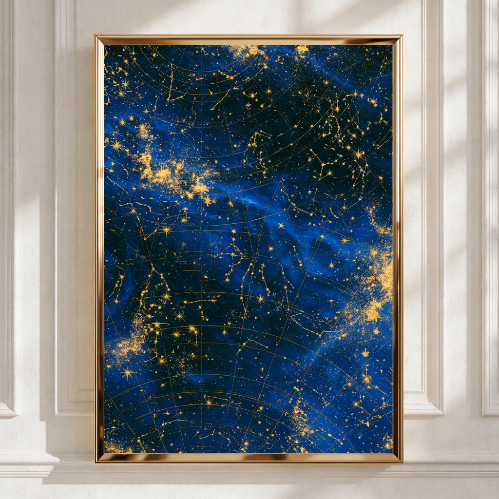 Star Galaxy Constellation Map Poster, Navy Blue Gold Night Sky Wall Art Print