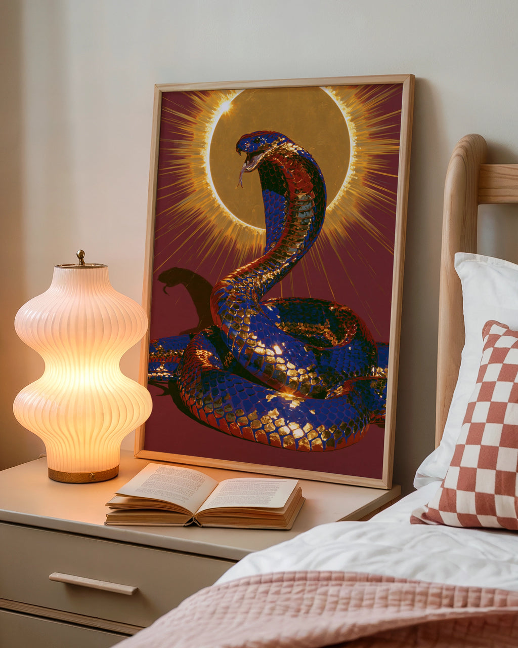 Cobra Snake Sun Poster, Crimson Blue Gold Wall Art, Mythic Serpent Print
