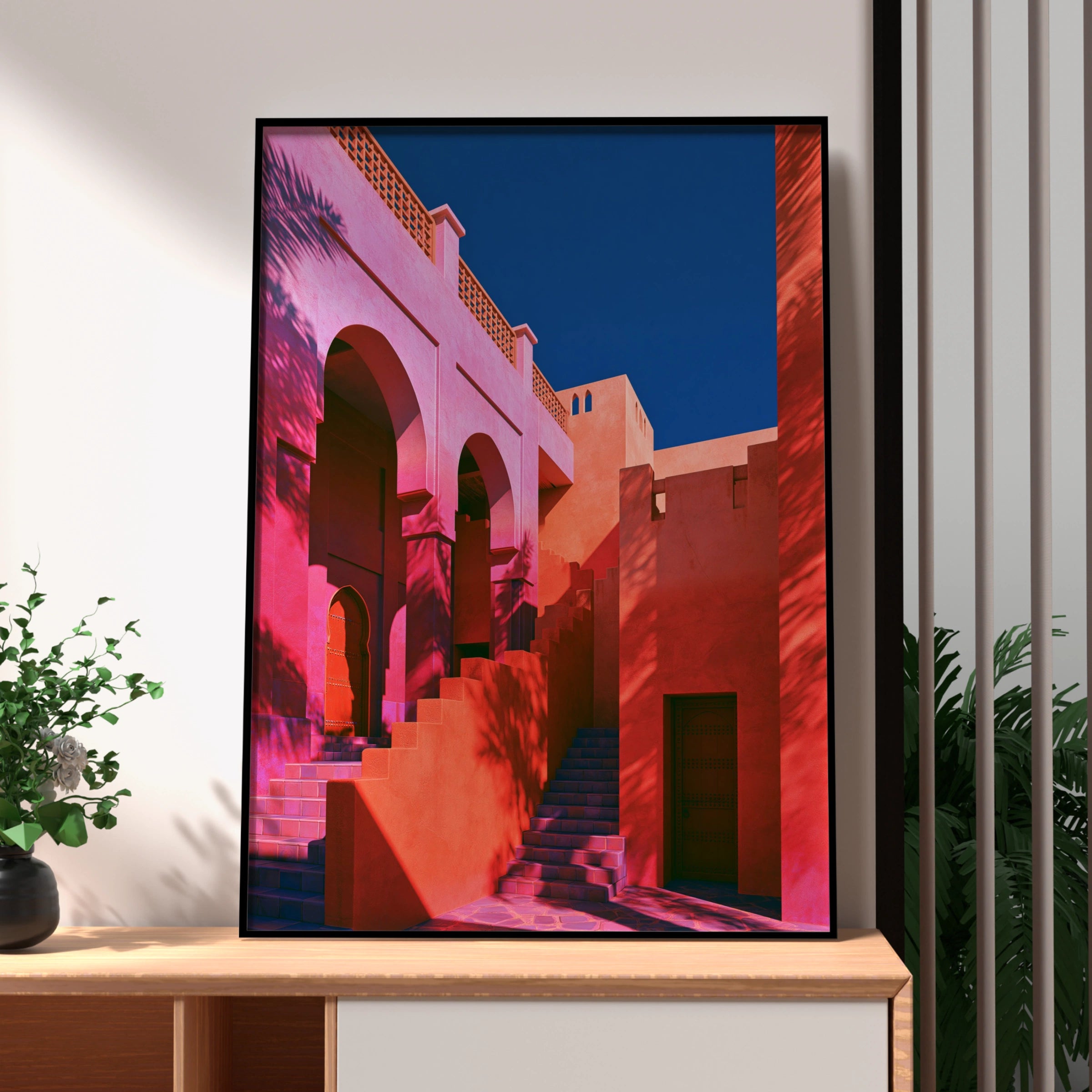 Moroccan Patio Architecture Poster, Pink Terracotta Arches, Bold Colour Print