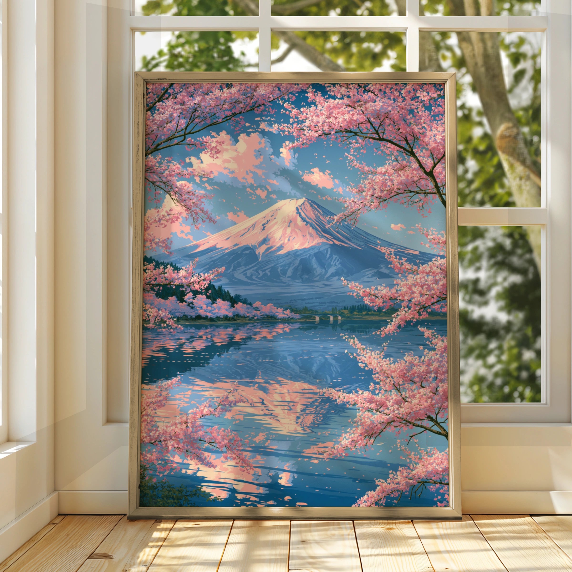Mount Fuji Cherry Blossom Poster, Japan Lake Reflection Wall Art, Sakura Print