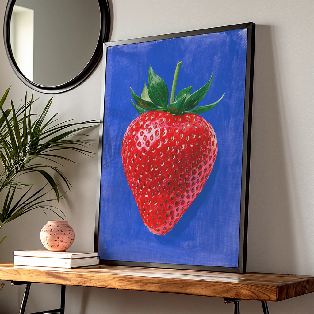Strawberry Blue Background Poster, Bold Fruit Wall Art, Kitchen Print