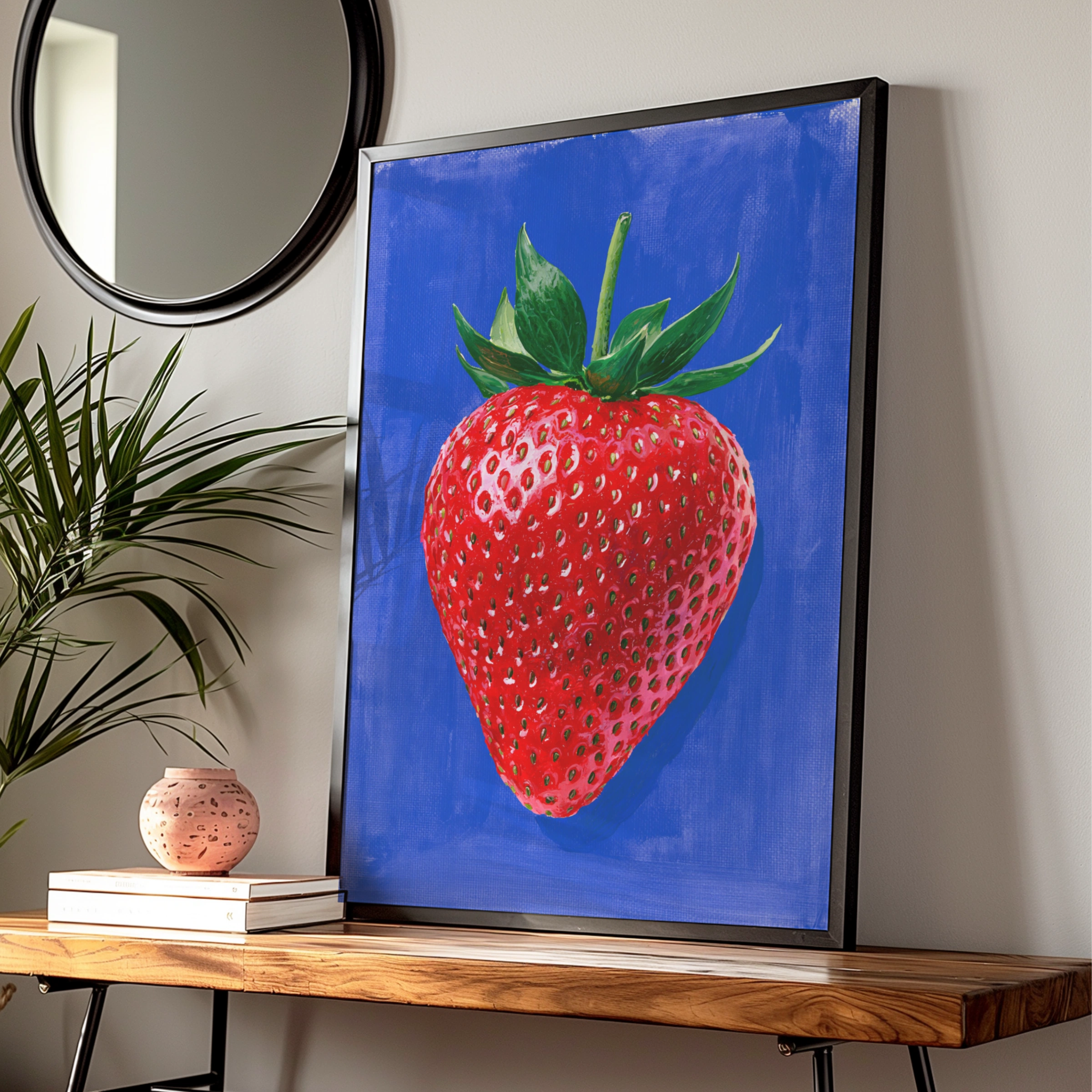 Strawberry Blue Background Poster, Bold Fruit Wall Art, Kitchen Print