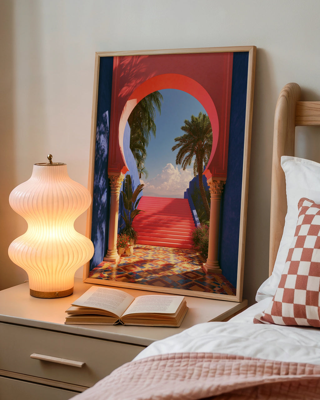 Moroccan Archway Palm Trees Poster, Red Blue Architecture Wall Art Print
