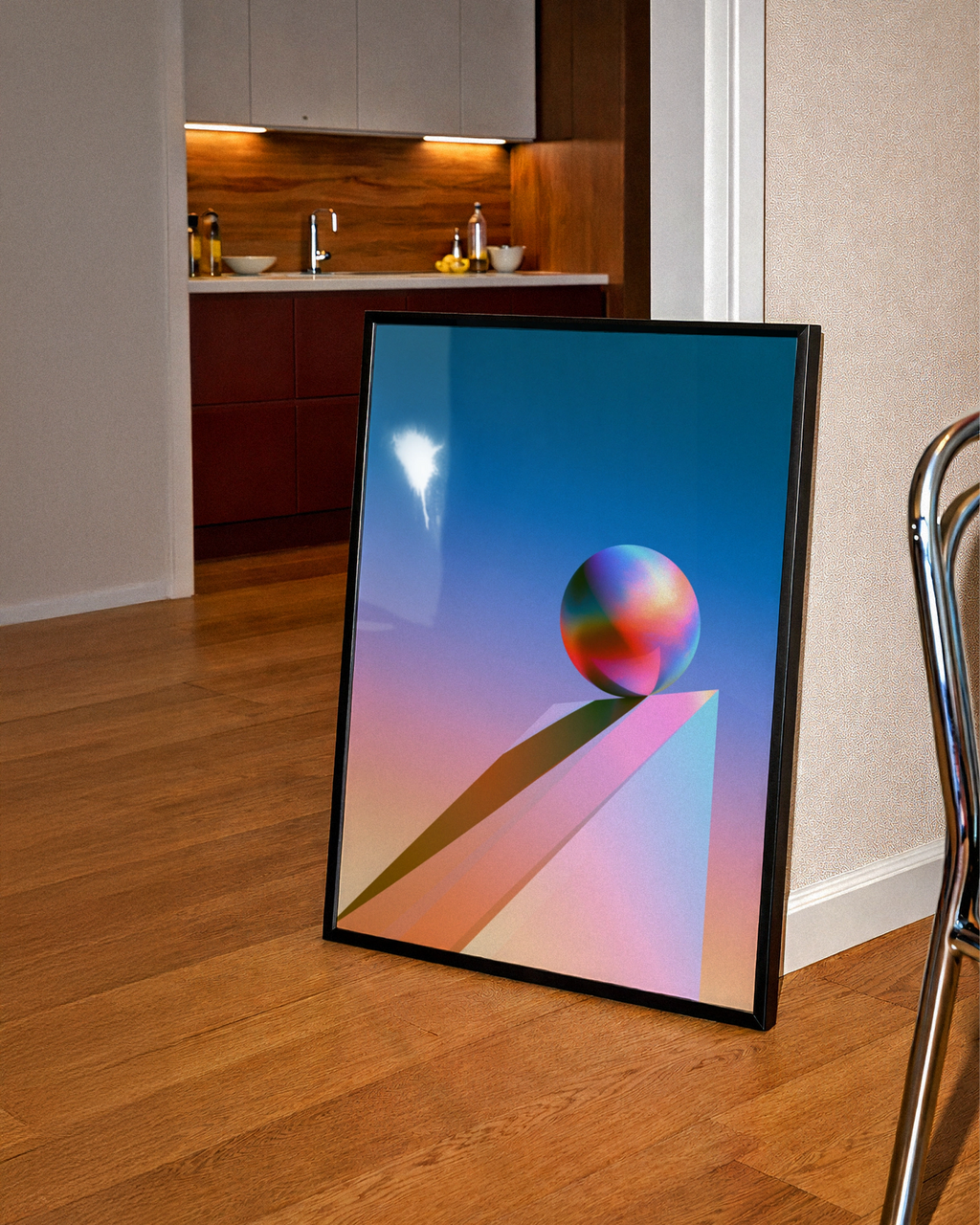 Iridescent Sphere Geometric Poster, 3D Abstract Ball Art Print, Modern Gradient