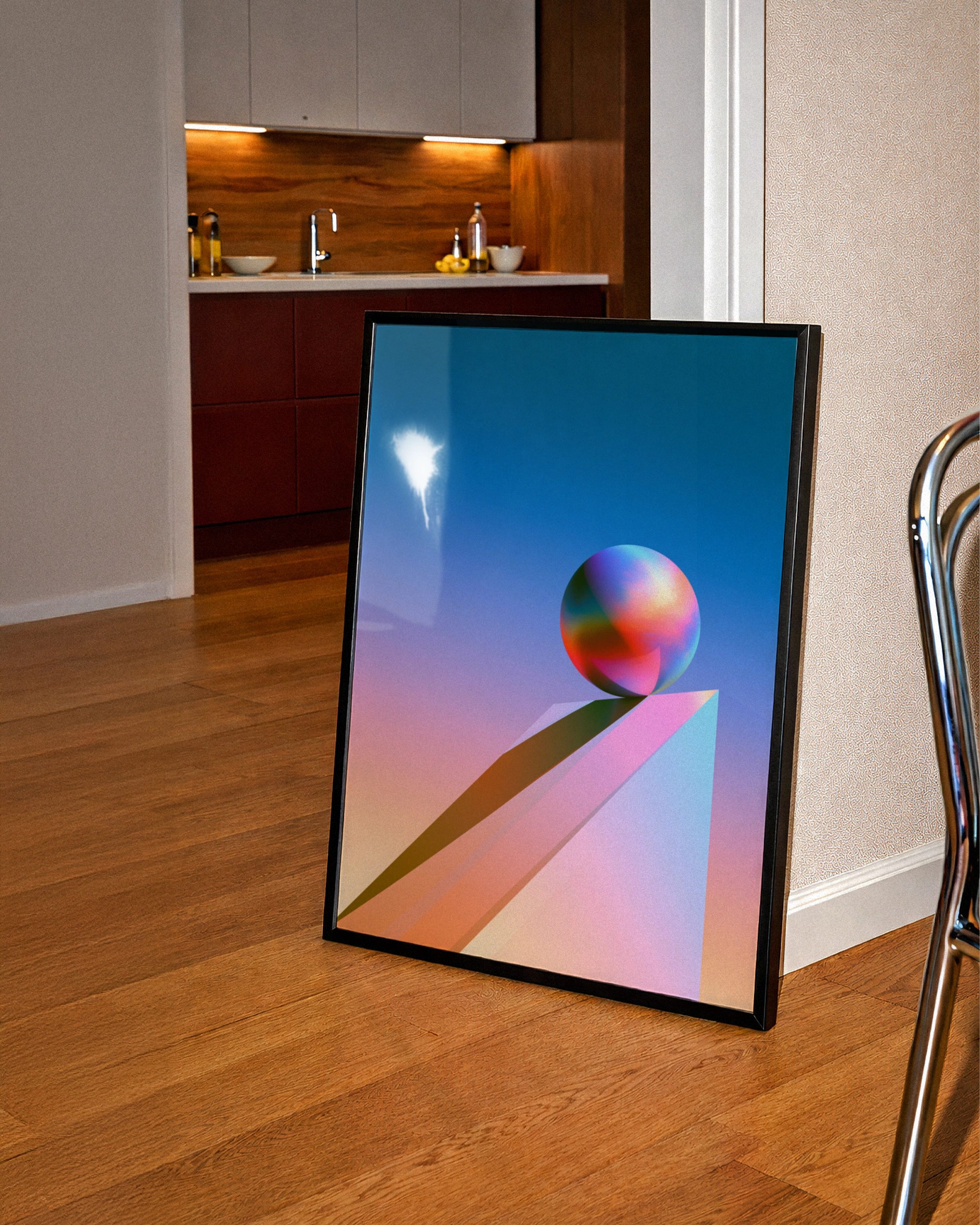 Iridescent Sphere Geometric Poster, 3D Abstract Ball Art Print, Modern Gradient