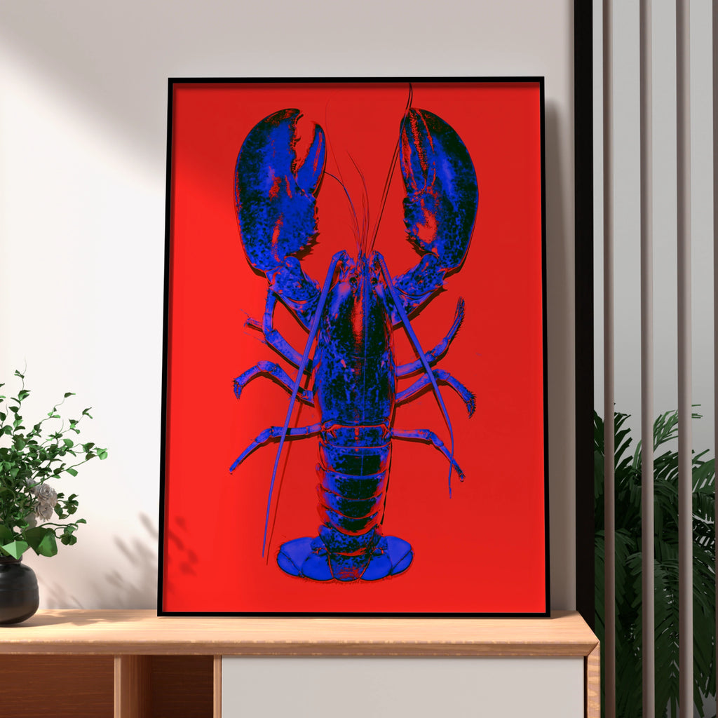 Blue Lobster Pop Art Poster, Bold Red Background, Graphic Animal Print