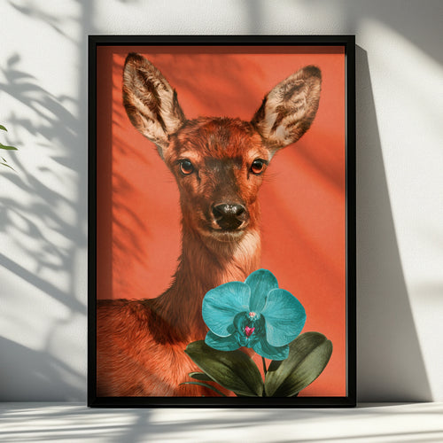 Deer with Orchid Flower Poster, Bold Orange Wildlife Wall Art Print