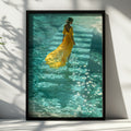 Woman Yellow Dress Water Steps Poster, Teal Ocean Wall Art, Figurative Print