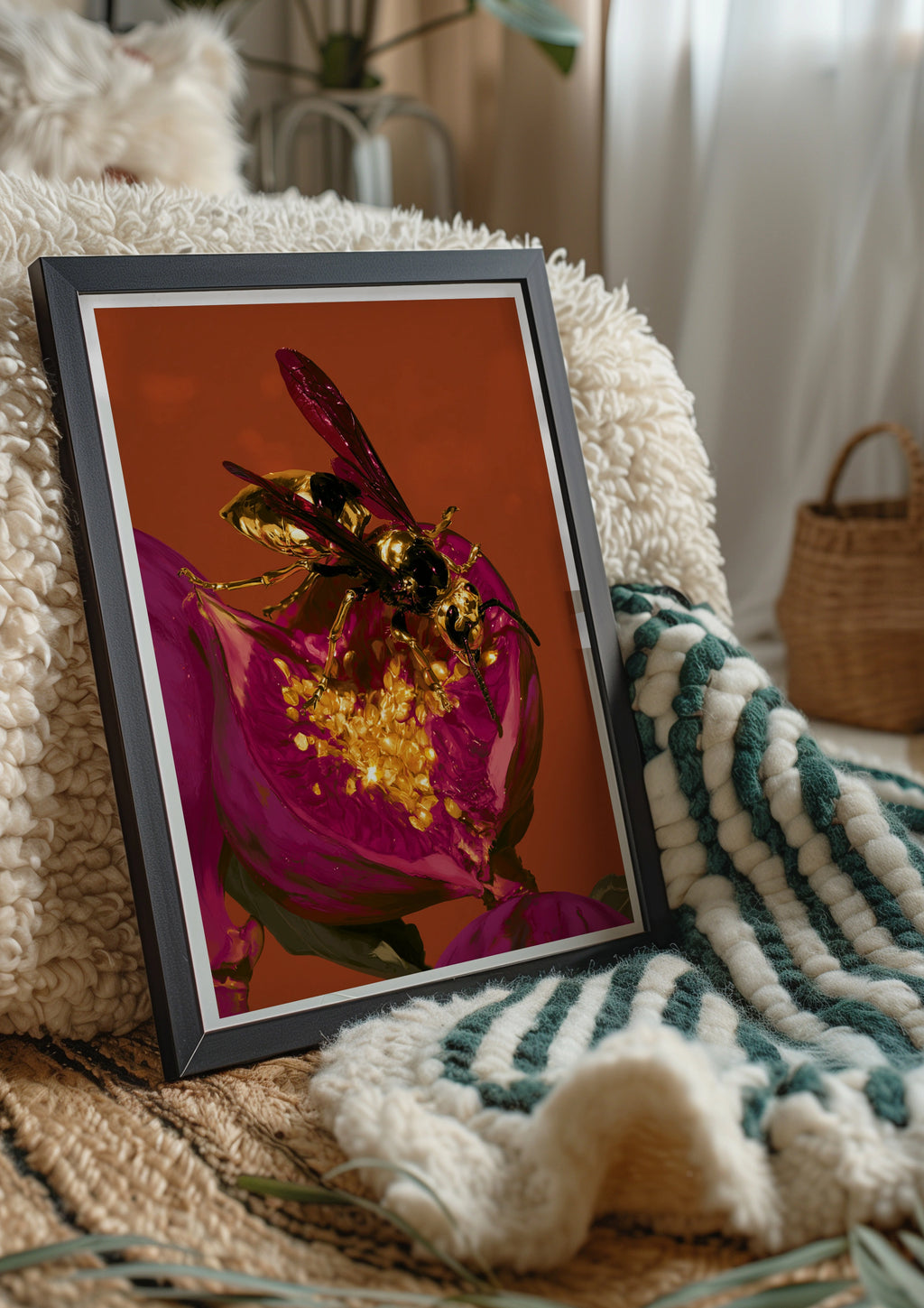 Gold Wasp on Fig Flower Poster, Bold Orange Magenta Wall Art Print