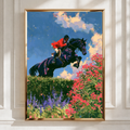 Horse Rider Leaping, Equestrian Show Jumping Poster, Oil Painting Style