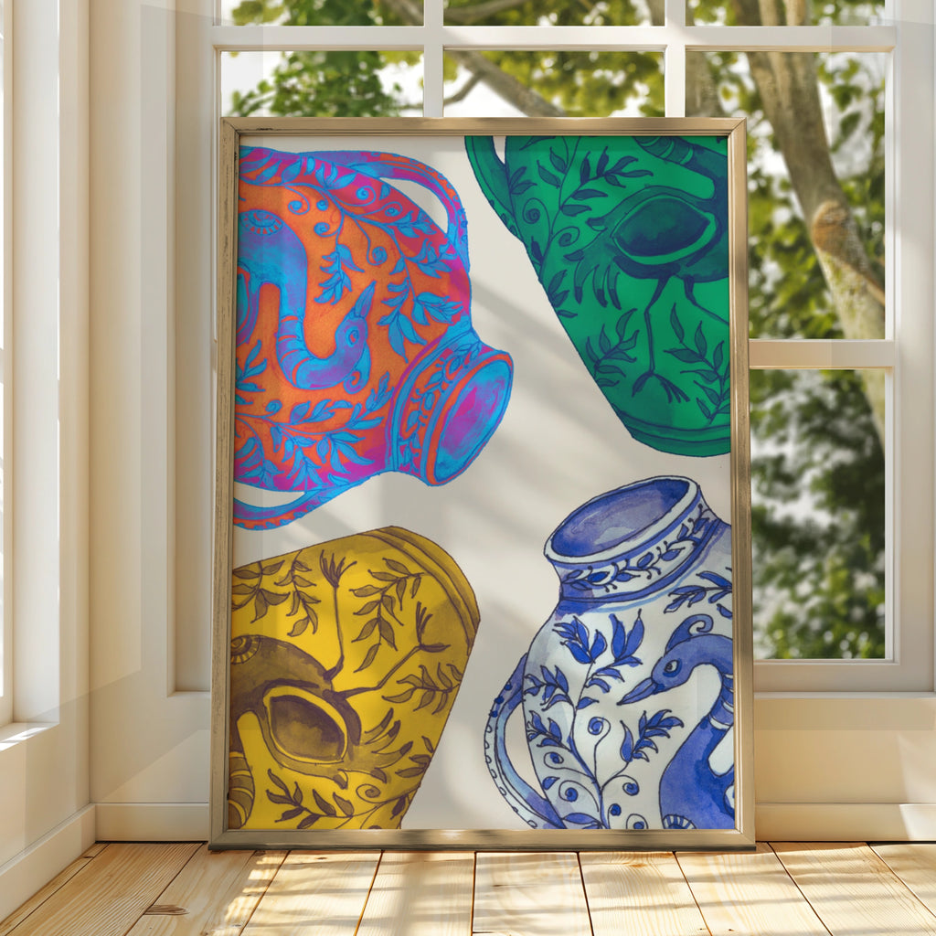 Blue Ceramic Vase Pattern Poster, Colourful Folk Art Print, Botanical Wall Art