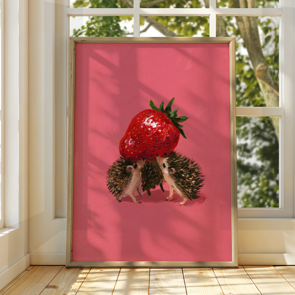 Hedgehogs Carrying Strawberry Poster, Cute Animal Wall Art, Pink Illustrated Print