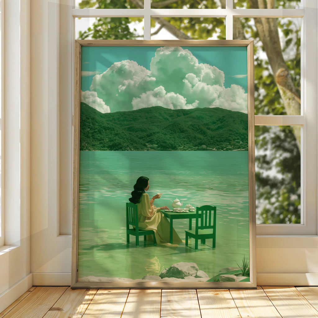 Woman Tea Table Sea Poster, Surreal Green Coastal Wall Art, Dreamy Figurative Print