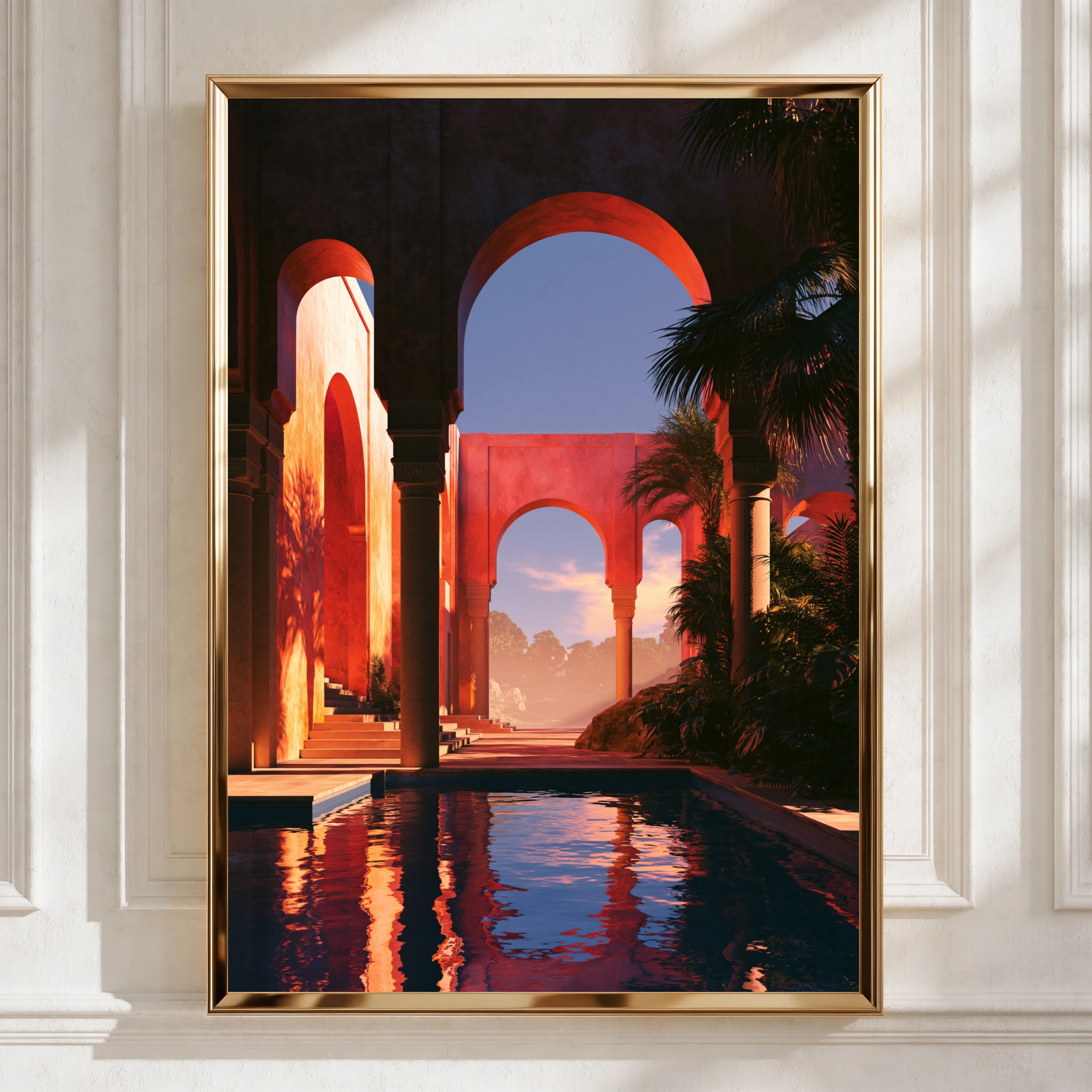 Courtyard Arches Sunset Poster, Terracotta Architecture, Mediterranean Wall Art