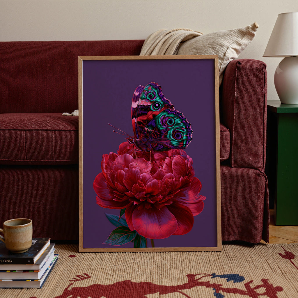 Butterfly on Red Peony Poster, Botanical Wall Art, Vibrant Purple Print