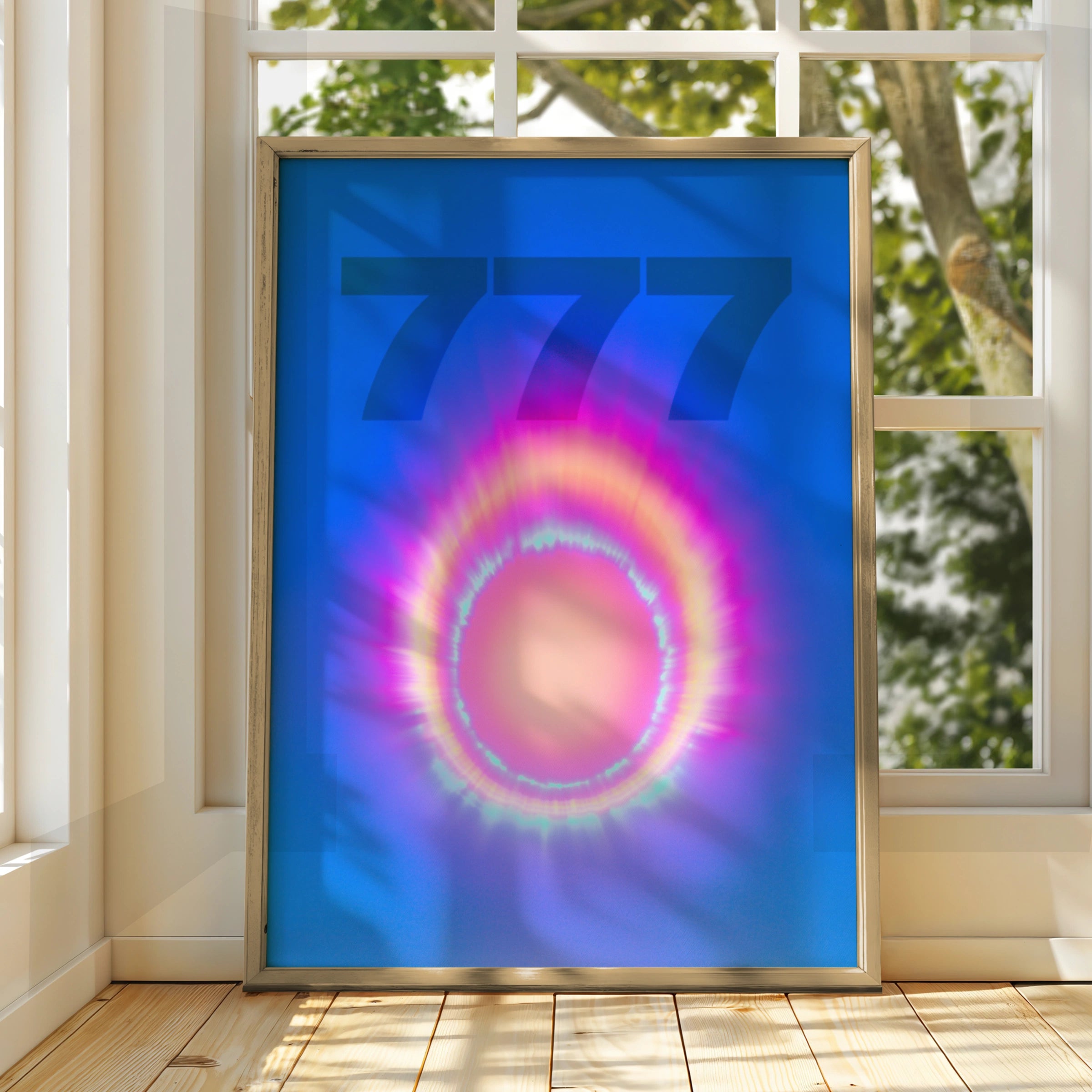777 Angel Number Poster, Neon Aura Ring Print, Spiritual Blue Wall Art
