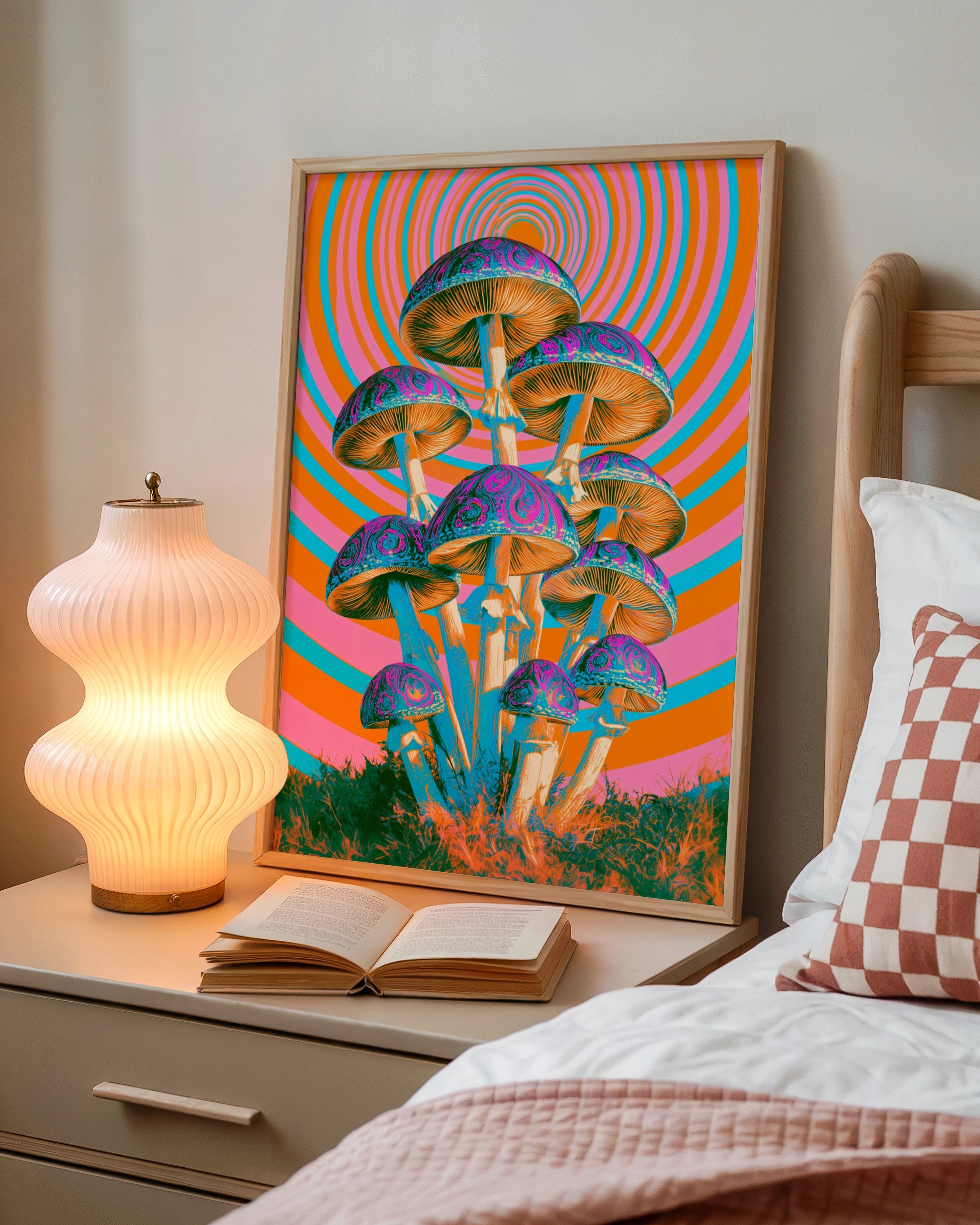Psychedelic Mushroom Poster, Retro Trippy Wall Art, Orange Pink Groovy Print