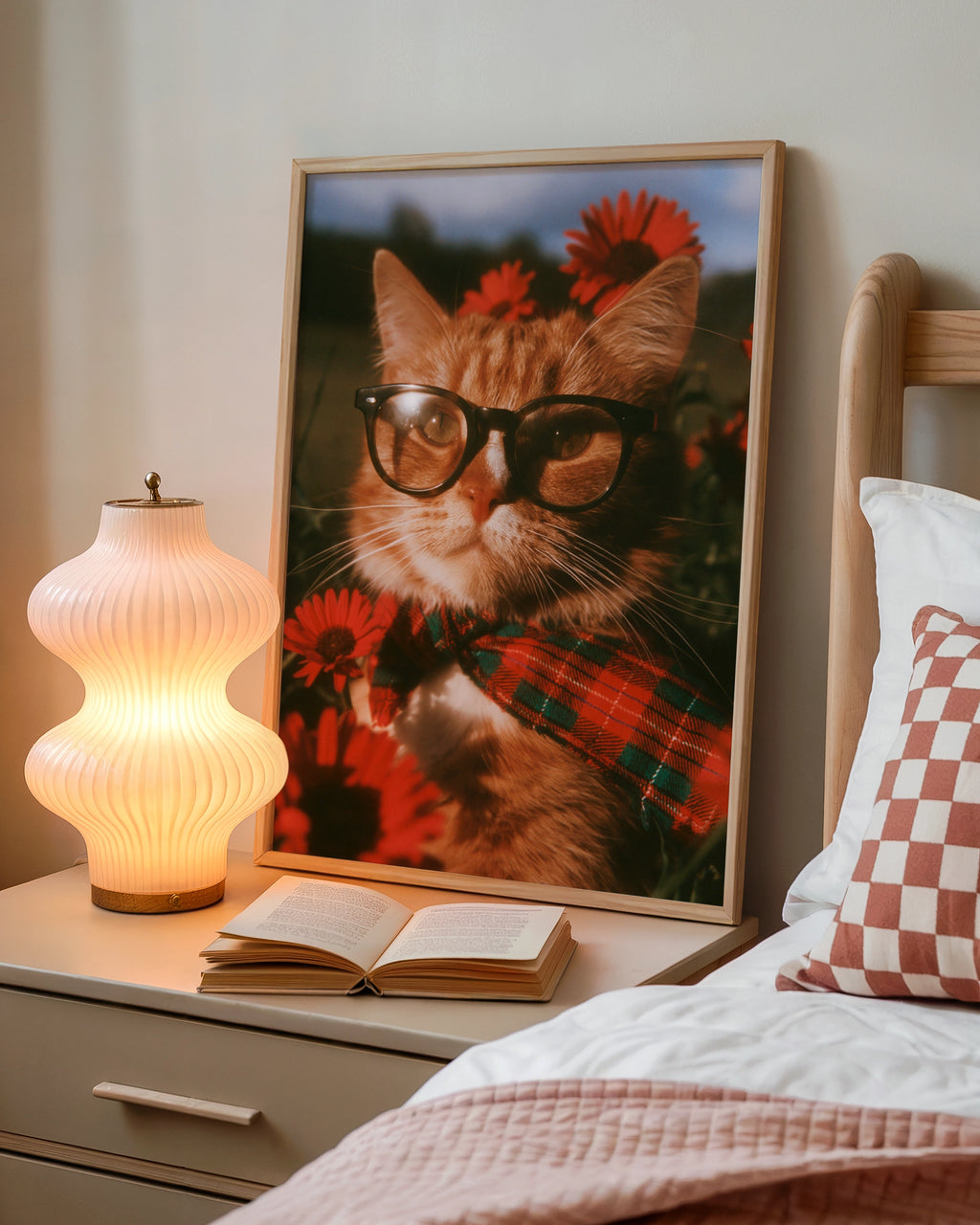 Cat Wearing Glasses Flowers Poster, Ginger Cat Wall Art, Retro Floral Print