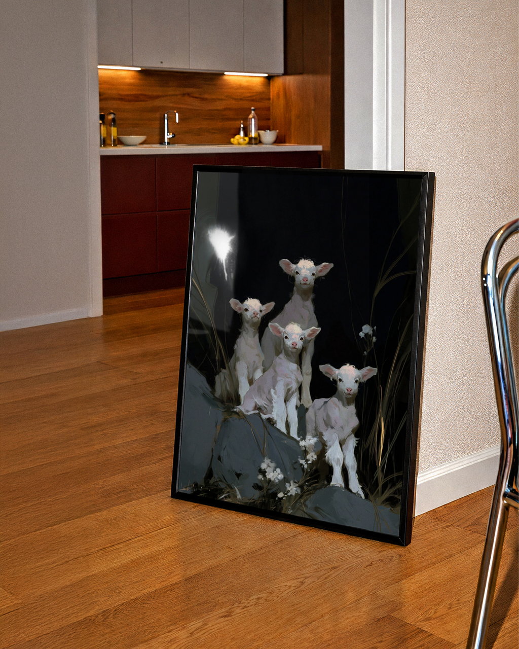 Lambs Wall Art Poster, Dark Background, Painterly Animal Print