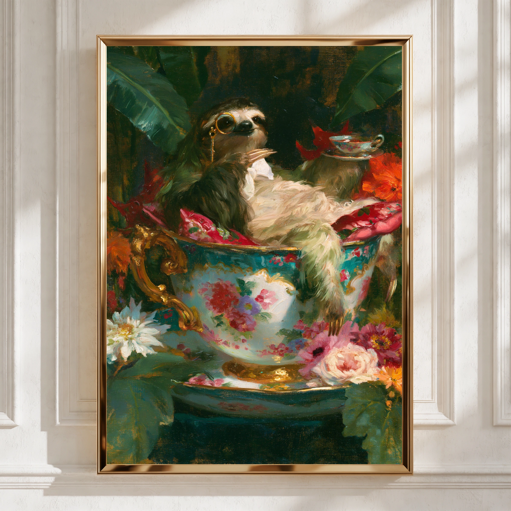 Sloth in Teacup Poster, Floral Oil Painting Style, Whimsical Animal Wall Art