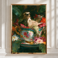 Sloth in Teacup Poster, Floral Oil Painting Style, Whimsical Animal Wall Art