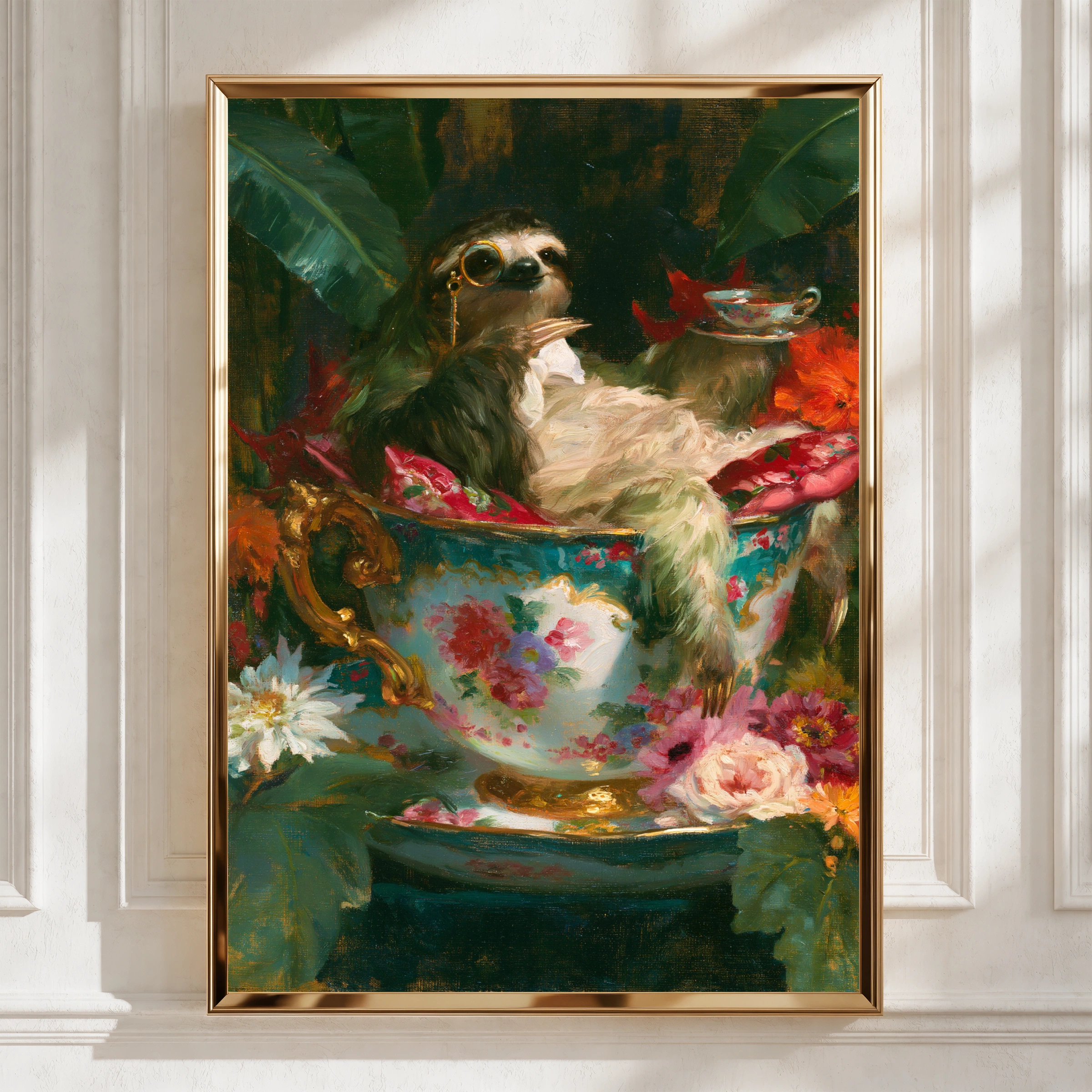 Sloth in Teacup Poster, Floral Oil Painting Style, Whimsical Animal Wall Art