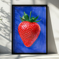 Strawberry Blue Background Poster, Bold Fruit Wall Art, Kitchen Print