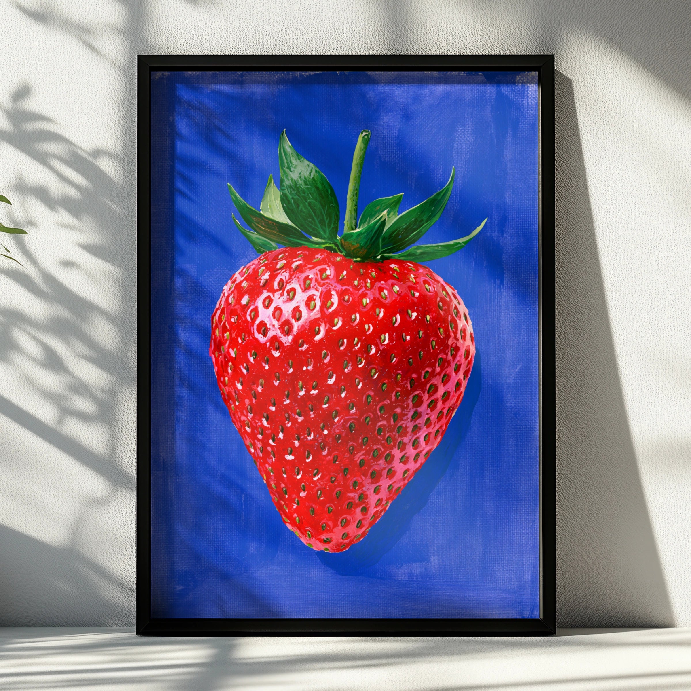 Strawberry Blue Background Poster, Bold Fruit Wall Art, Kitchen Print