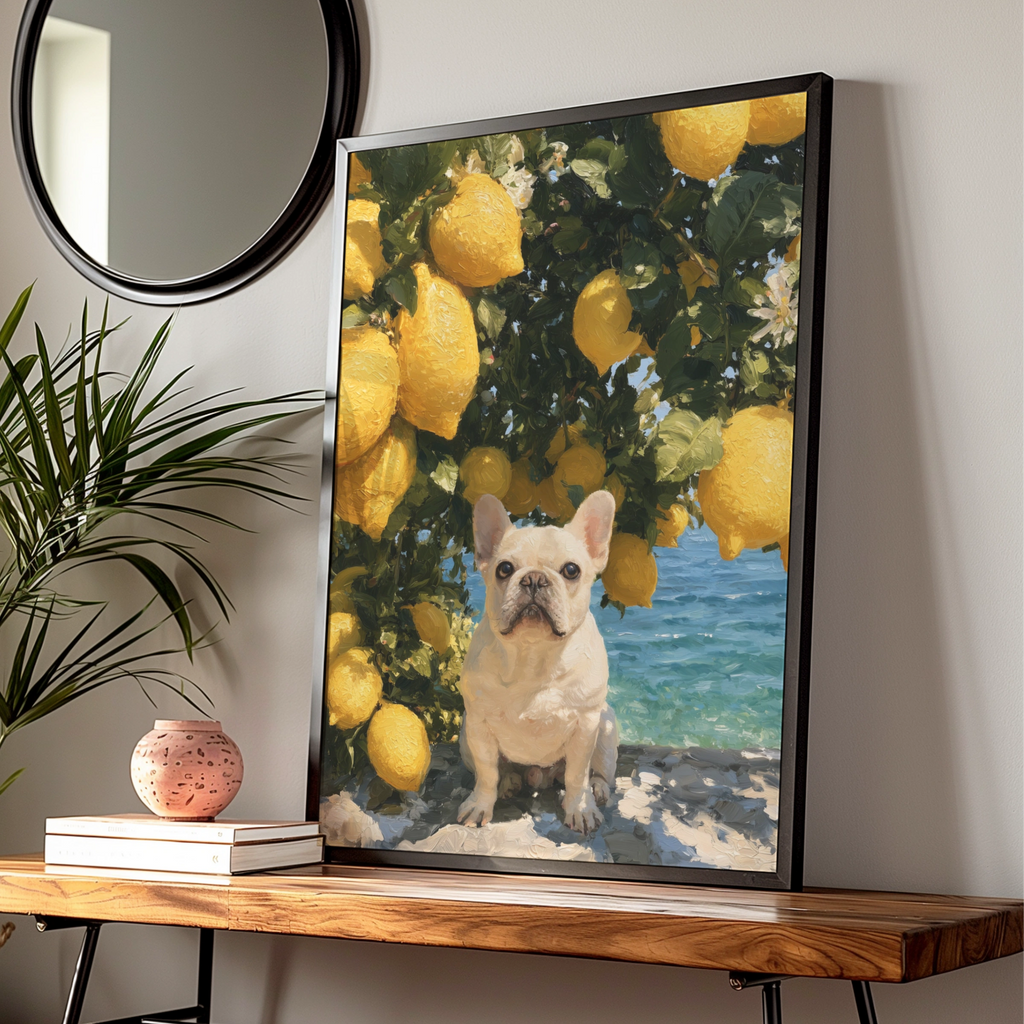 French Bulldog Lemon Tree Poster, Mediterranean Coast, Oil Painting Style