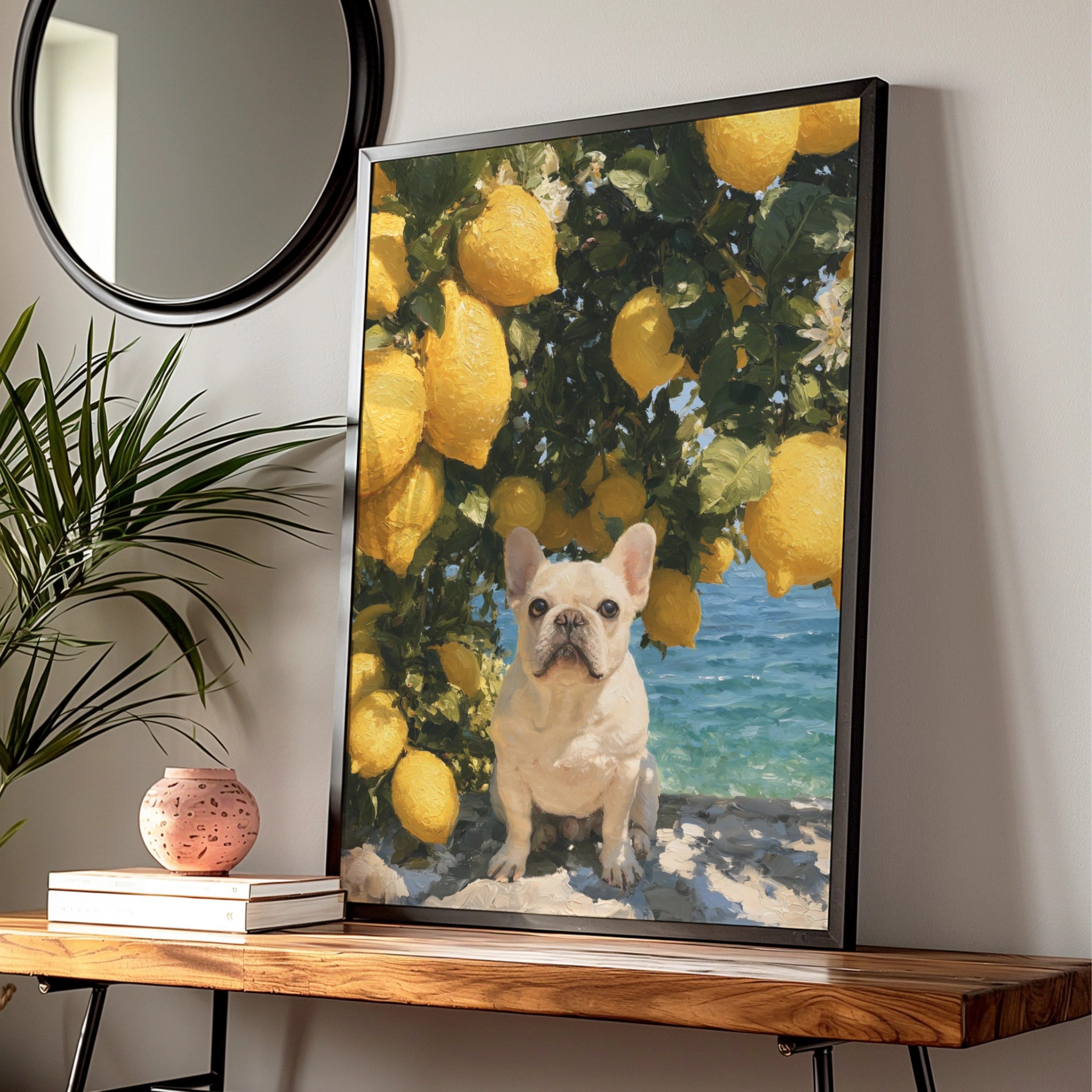 French Bulldog Lemon Tree Poster, Mediterranean Coast, Oil Painting Style