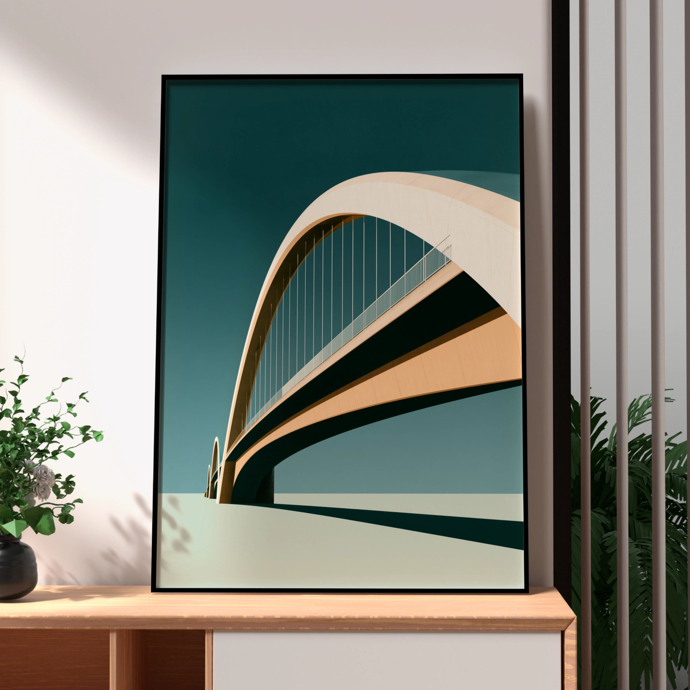 Arch Bridge Architecture Poster, Minimalist Teal Wall Art Print