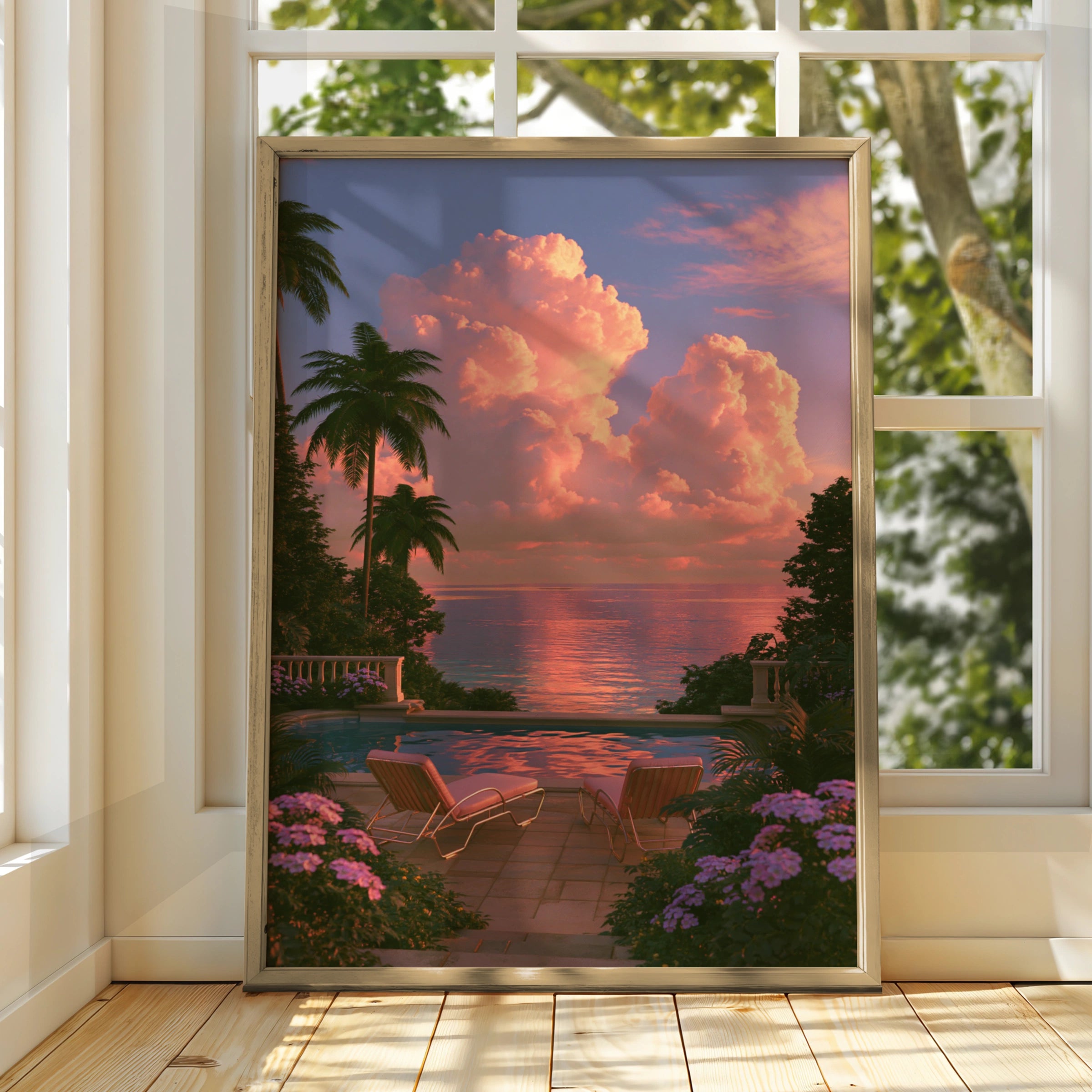 Pink Sunset Sun Loungers Pool Terrace Poster, Tropical Sky Wall Art Print