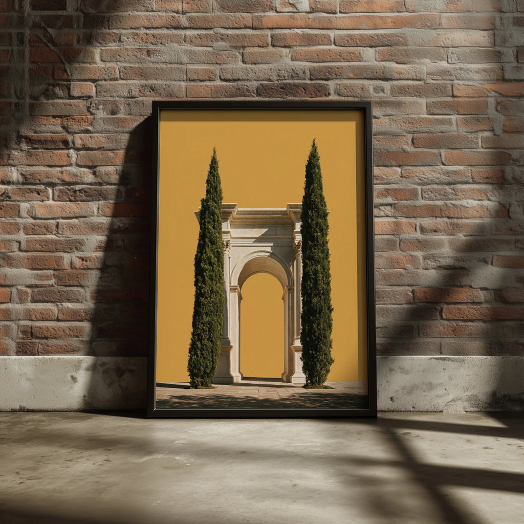 Roman Arch Cypress Trees Poster, Classical Architecture Print, Yellow Minimalist Wall Art